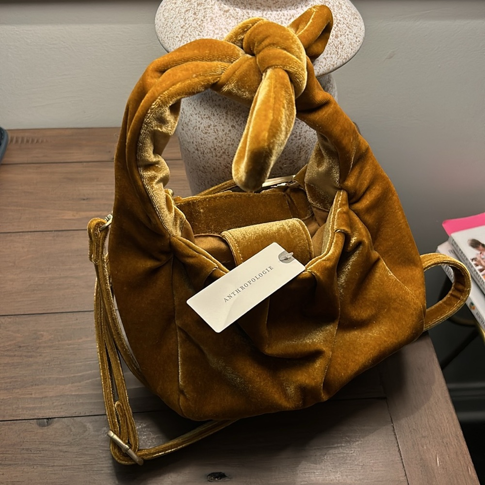 NWT Anthropologie Gold Velvet Bow Bag - Picture 2 of 5